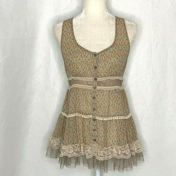 Daytrip Floral Tunic Tank Top M Tan Lace Tulle Sheer Button Front Racerback - Picture 1 of 5